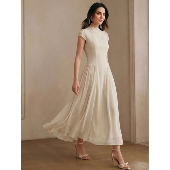 Womens Elegant White High Neck Cap Sleeve Long Dress