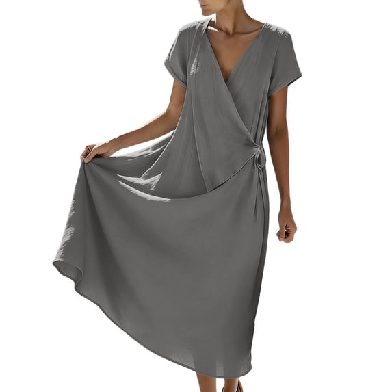 Womens Elegant Wrap Summer Linen Midi Dresses, Short Sleeve Loose V Neck Swing Beach Casual Dresses with Pockets