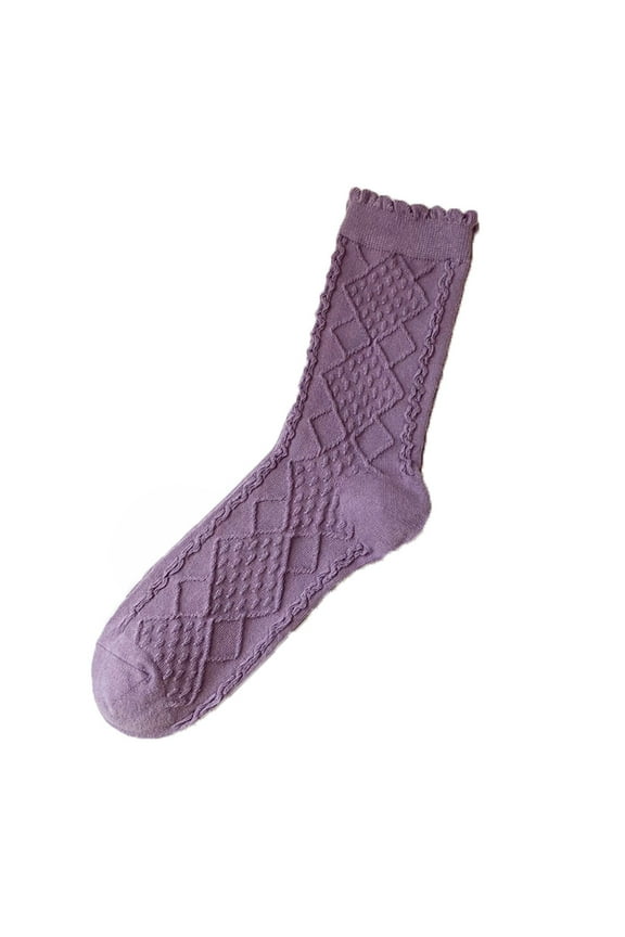 Womens Embossed Diamond Pattern Solid Color Socks Soft Stretchy Breathable Casual Basic Crew Style