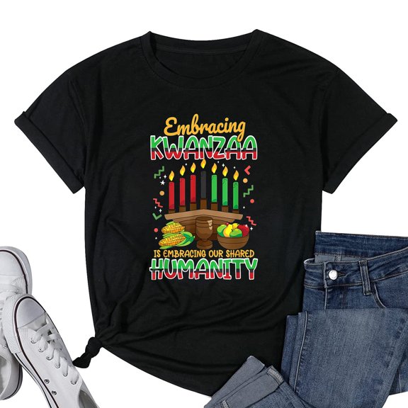 Womens Embracing Kwanzaa Is Our Shared Humanity, Kwanzaa, Kinara T-Shirt Black Small