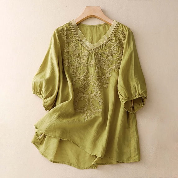 Womens Embroidered Blouse Cotton Linen Puff Short Sleeve Neck Boho Top Summer Casual Loose Fit T Shirts