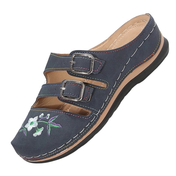 Womens Embroidered Boho Mule Sandals Adjustable Buckle Straps Closed Toe Wedge Heel Faux Faux Leather Navy,Size 7.5