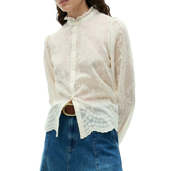 Womens Embroidered Button Down Shirt Long Sleeve Blouse Casual Top  XL