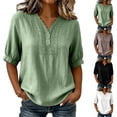 thumbnail image 1 of Womens Embroidered Cotton Linen Tops Summer Casual Boho Linen Mid Cuffed Sleeve Shirts V Neck Vacation Work Daily Blouses, L, 1 of 8