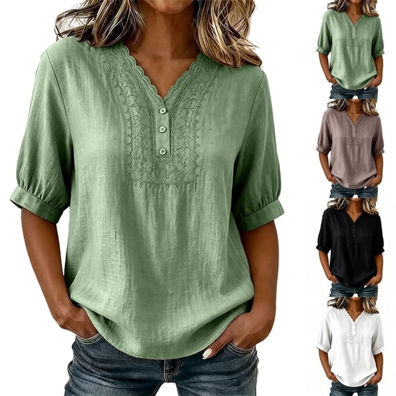 Womens Embroidered Cotton Linen Tops Summer Casual Boho Linen Mid Cuffed Sleeve Shirts V Neck Vacation Work Daily Blouses, S