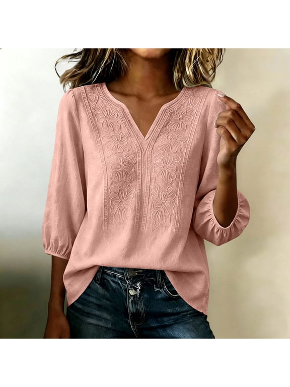 Womens Embroidered Cotton Linen Tops Summer Casual Boho Linen Mid Cuffed Sleeve Shirts V Neck Vacation Work Daily Blouses