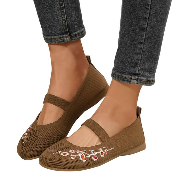 Womens Embroidered Flower Ballet Flats Comfortable Knit Walking Shoes Vintage Casual Slip on Wedge Low Heels