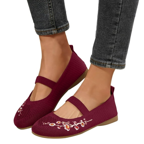 Womens Embroidered Flower Ballet Flats Comfortable Knit Walking Shoes Vintage Casual Slip on Wedge Low Heels