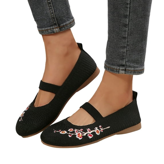 Womens Embroidered Flower Ballet Flats Comfortable Knit Walking Shoes Vintage Casual Slip on Wedge Low Heels