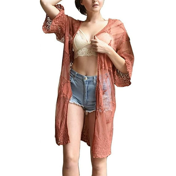 Womens Embroidered Geometric Mesh Kimono Cardigan (Rust)
