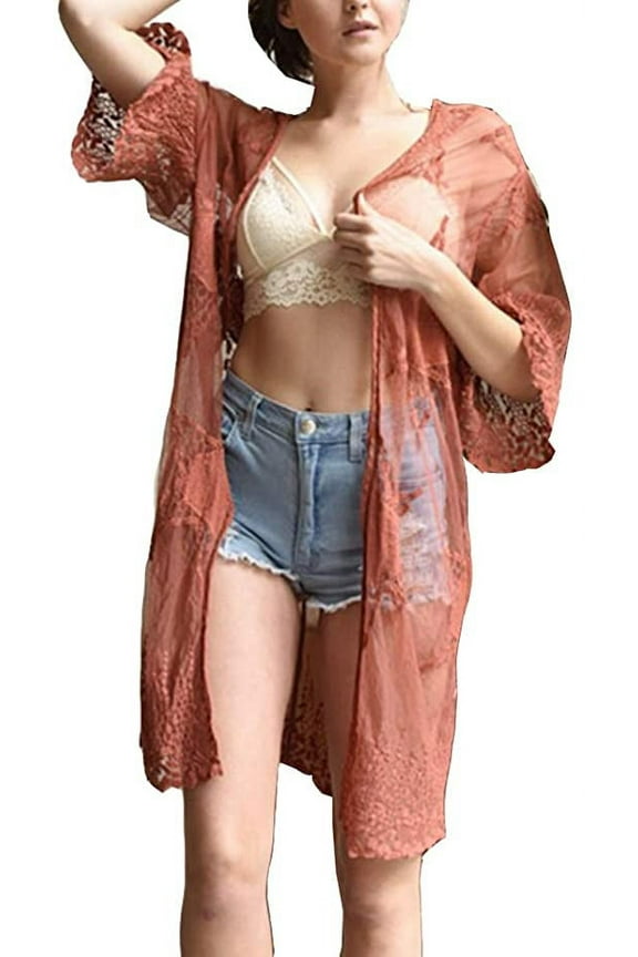 Womens Embroidered Geometric Mesh Kimono Cardigan (Rust)