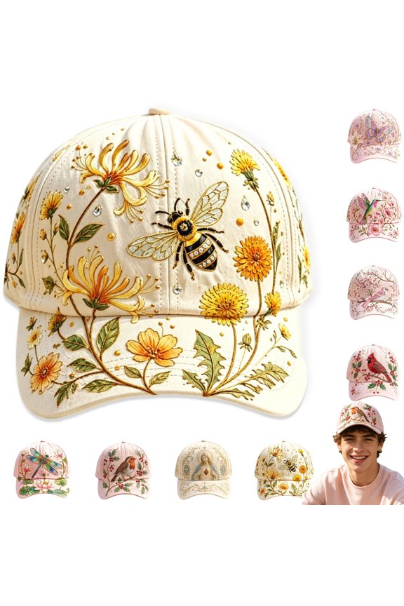 Womens Embroidered Hat Womens Baseball Caps Adjustable Breathable Garden Cap with Botanical Hummingbird Floral Design Cottagecore Style for Women Gardeners Outdoor Nature Lovers,B