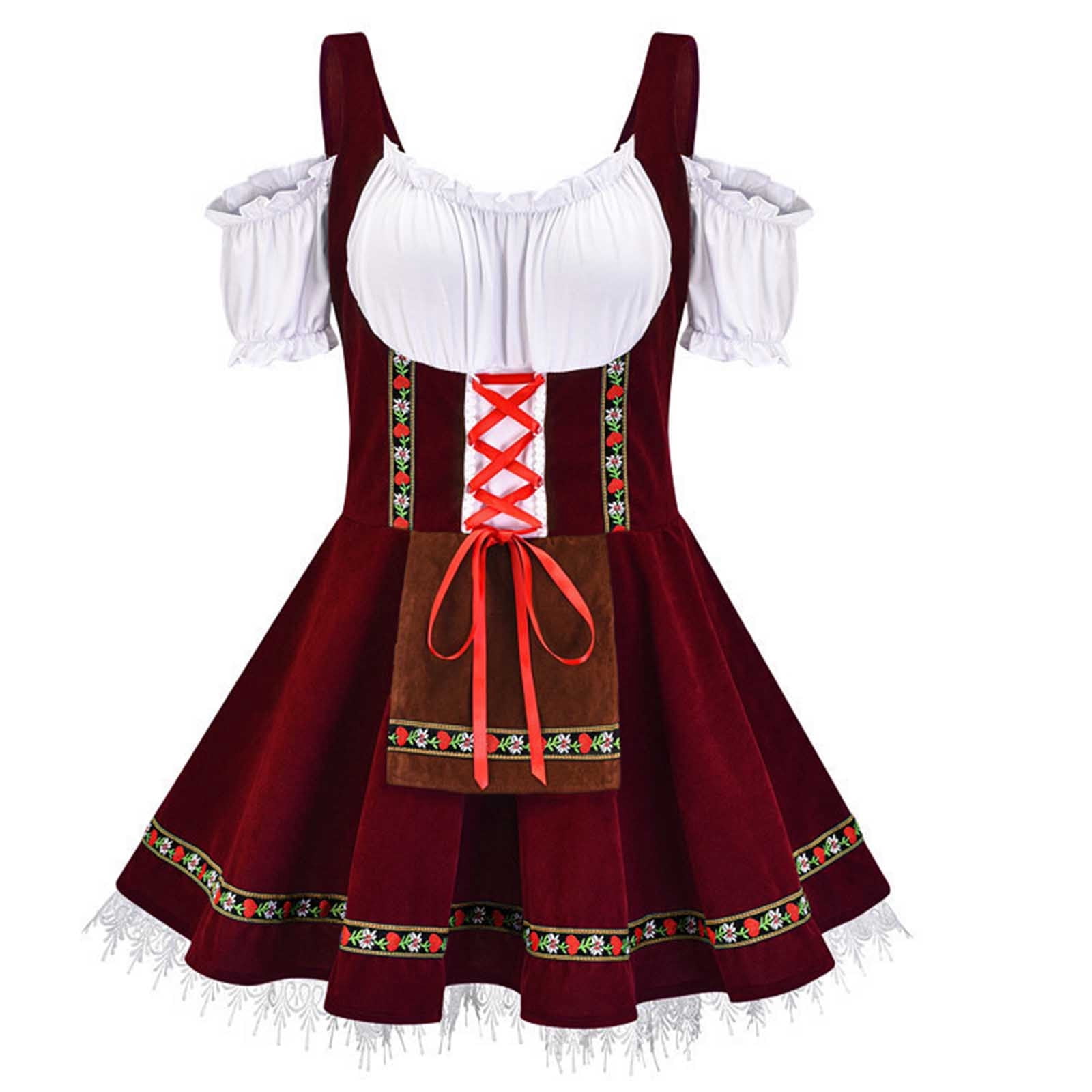 Womens Embroidered Oktoberfest Dress Costume Sleeveless Off-The-Shoulder Dress Oktoberfest Party Dirndl Dress