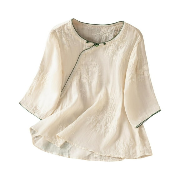 Womens Embroidered Shirt, 3/4 Sleeve Vintage Linen Boho Blouse Crewneck Loose Lightweight Casual Tunic Gauzy Tops Beige L