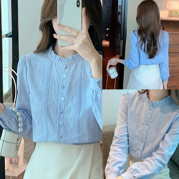 Womens Embroidered Spring And Autumn Shirt Casual Long Sleeve Stand Collar Top White S YIWEI