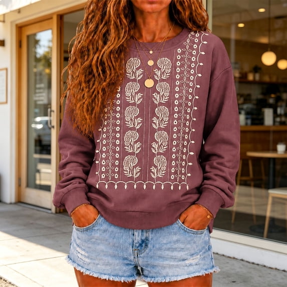 Womens Embroidered Sweatshirt Oversized Pullover Crewneck Long Sleeve Casual Sweatshirts Tops for Women
