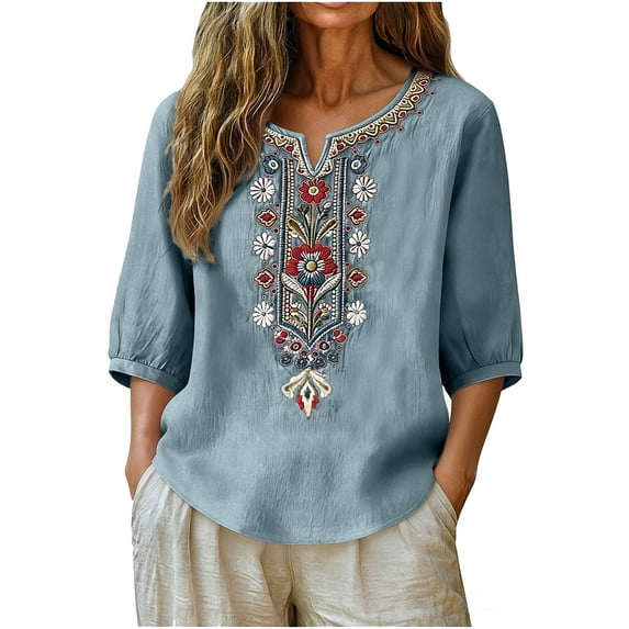 Womens Embroidered Tops 3/4 Length Sleeve Womens Tops V Neck Pull On Gauze Shirts Cotton linen Peasant Blouses Women Dressy Casual Shirts