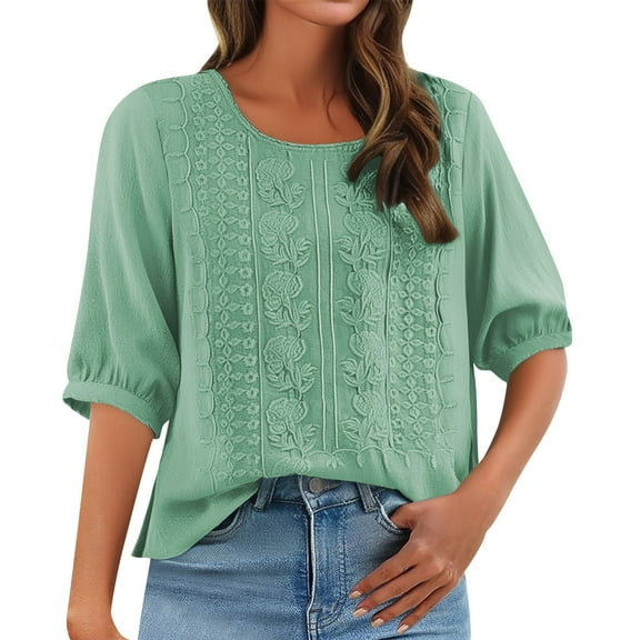 Womens Embroidered Tops and Blouses, Yigetop Women's Fashionable Casual Solid Color Pleated Cotton and Linen Tops Shirts and T Shirts Linen Clothes for Seniors Mint Green 2XL
