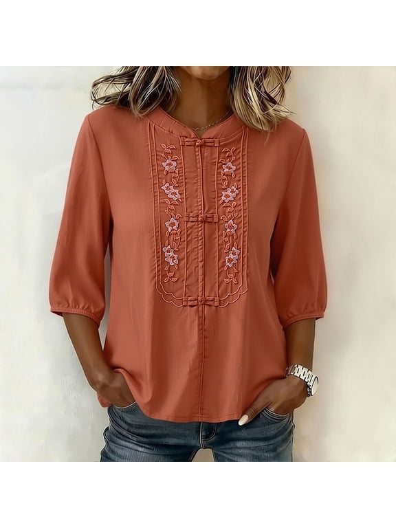 Women Chinese Inspired Frog Button Blouse Floral Embroidery 3/4 Puff Sleeve Loose Fit Casual Tunic Top Red XXL