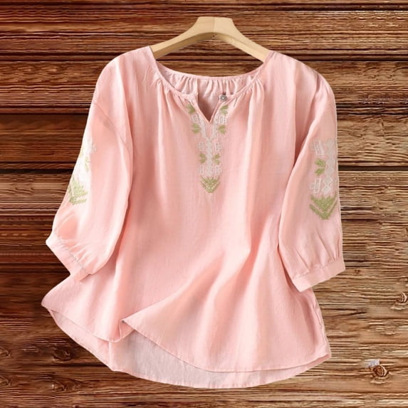 Womens Embroidered Tops Chinese Style Tops For Women Oversized Linen Shirts For Women Peasant Blouse Gauze Shirts Boho Peasant Gauze Blouses Lightweight Linen Blouses For Women Pink2 2XL