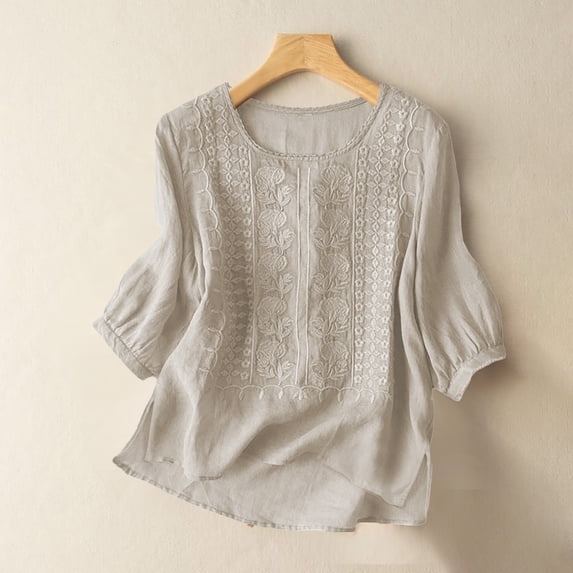 Womens Embroidered Tops Oversized Linen Shirts For Women Chinese Style Tops For Women Gauze Shirts For Women Peasant Blouse Boho Peasant Gauze Blouses 100% Linen Clothing For Women Beige L
