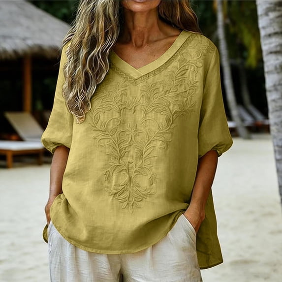 Womens Embroidered Tops Oversized V Neck Half Sleeve Shirts Summer Casual Vacation Cotton Linen Womens Blouses S-4XL