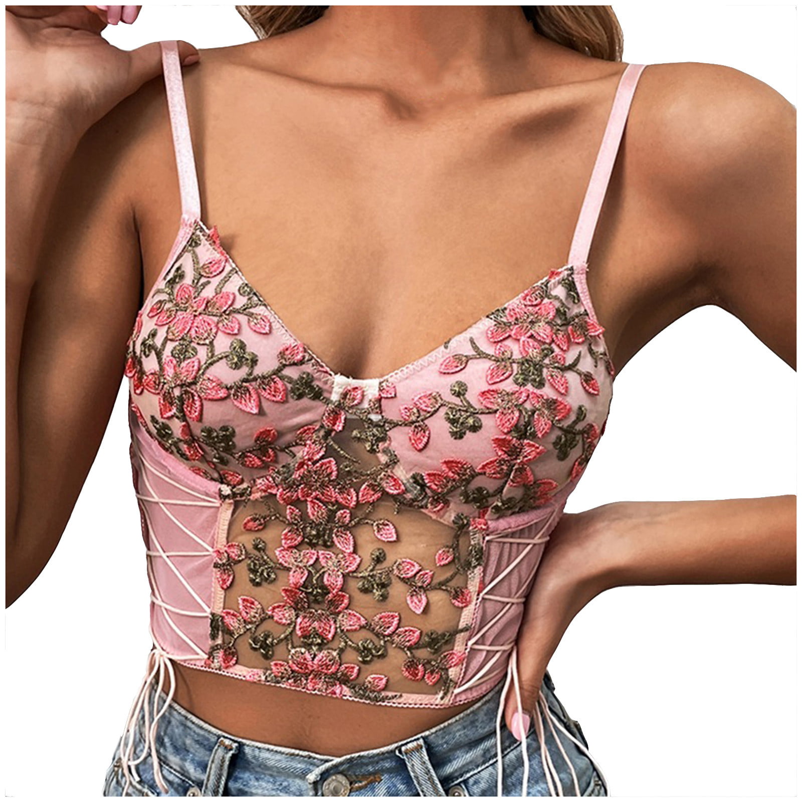 Womens Embroidery Bustier Tank Tops Mesh Sexy Vintage Spaghetti Strap Corset  Vest Going Out Party Crop Top Bralette 
