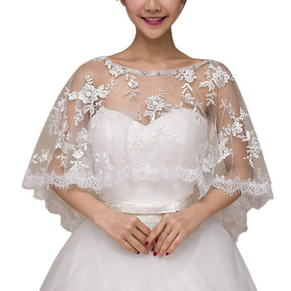 Womens Embroidery Floral Lace Wedding Shawl Cape Eyelash Trim High Low Tulle Bridal Capelet Bolero Rhinestone Evening Shrug Wrap Cover Up