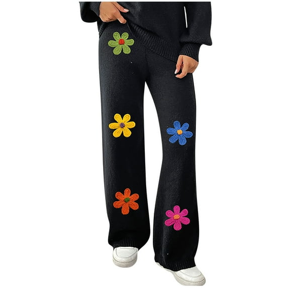 Womens Embroidery Floral Sweater Pants Casual Loose High Waisted Boho Straight Leg Knit Comfy Beach Lounge Pants