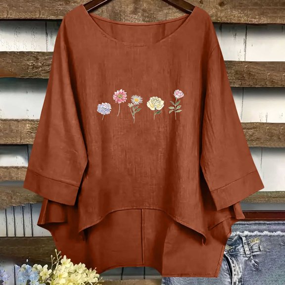 Womens Embroidery Tops Zaewscy Women‘s Fashion Casual Loos Short Sleeve Linen Embroidery Funny Round-Neck T-Shirt Printing Top