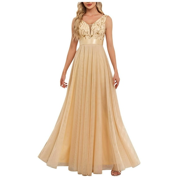 Womens Embroidery Tulle Maxi Prom Dresses Sleeveless Sexy V Neck Dress A Line Fluffy High Waist Evening Dress