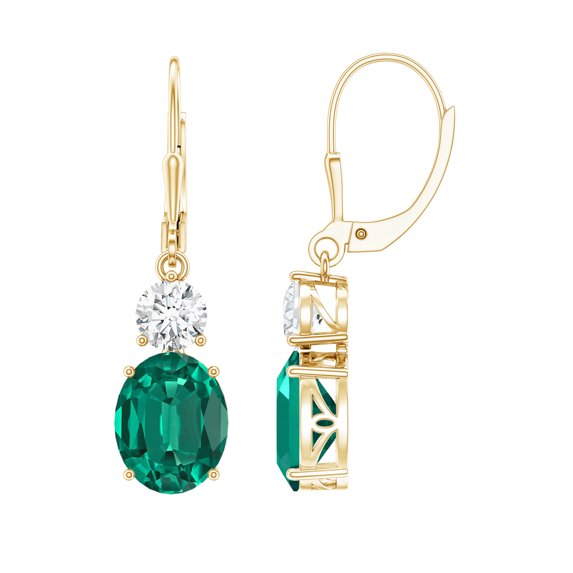 Womens Emerald Drop Earrings with Moissanite - 8X10 mm Oval Shape Lab Grown Emerald, 18K Yellow Gold