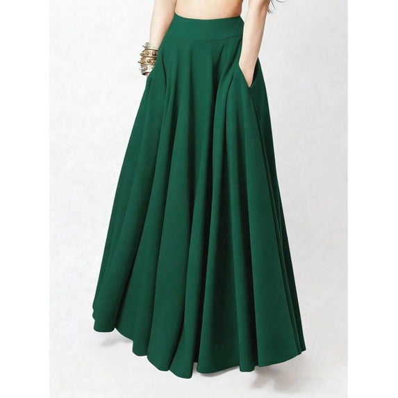 Womens Emerald Green Flowing Maxi Skirt A-Line Casual Solid Color