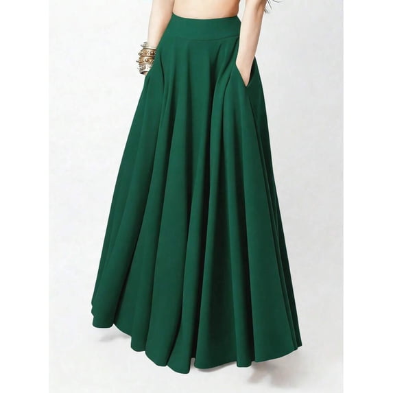 Womens Emerald Green Flowing Maxi Skirt A-Line Casual Solid Color