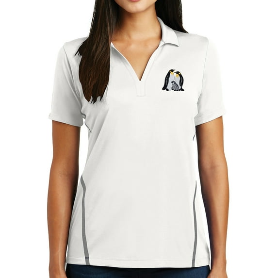Womens Emporer Penguin Family Patch Short Sleeve Contrasting Polo Shirt - White/Heather Gray, 2XL
