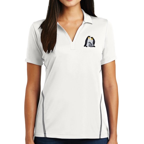 Womens Emporer Penguin Family Patch Short Sleeve Contrasting Polo Shirt - White/Heather Gray, Large