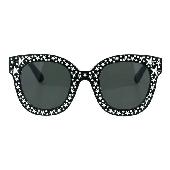 Womens Engraving Star Bling Horned Rim Plastic Fashion Sunglasses All Black