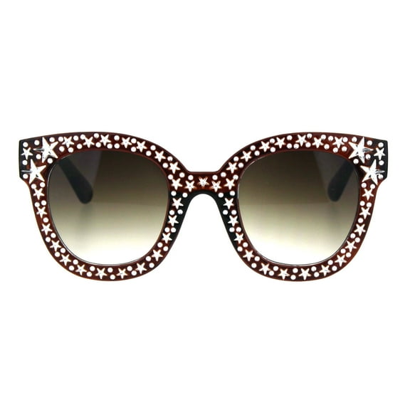 Womens Engraving Star Bling Horned Rim Plastic Fashion Sunglasses Brown Smoke