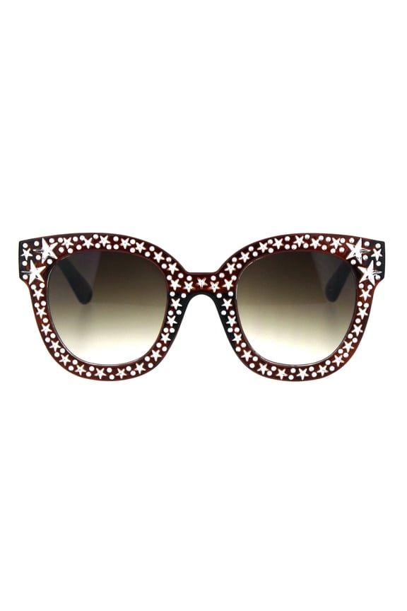 Womens Engraving Star Bling Horned Rim Plastic Fashion Sunglasses Brown Smoke
