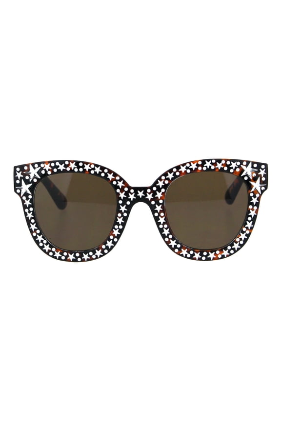 Womens Engraving Star Bling Horned Rim Plastic Fashion Sunglasses Tortoise Brown