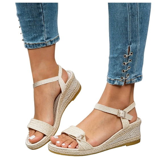 Womens Espadrilles Buckle Ankle Strap Wedge Sandals Open Toe Fashion Band 2026 Summer Dressy Wedges Heels White Size 7.5