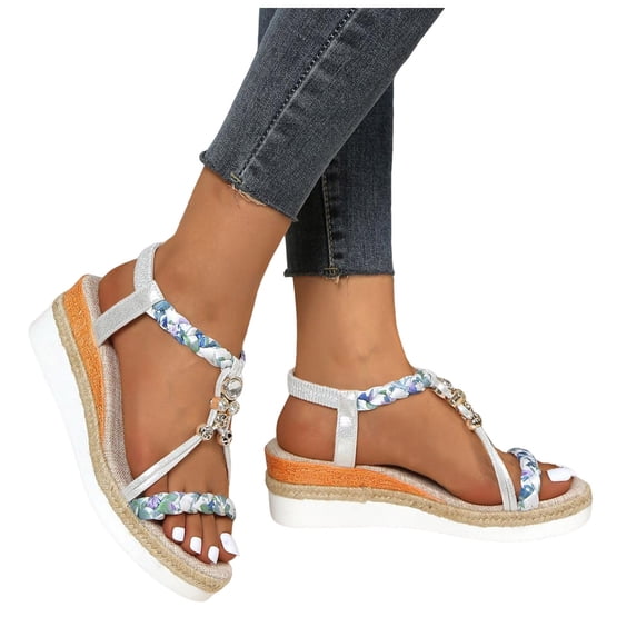Womens Espadrilles Floral Print Braided T-Strap Wedge Sandals Casual Summer Beach Shoes Open Toe Low Wedges Silver Size 8.5