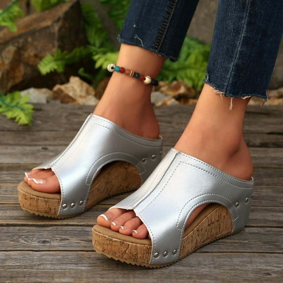 Womens Espadrilles Slip on Wedge Sandals Open Toe Slides Summer Dressy Mules Shoes Slippers Ladies Beach Non-Slip Causal Slippers Silver 8