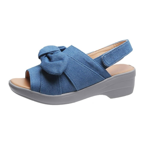 Womens Espadrilles Wedge Sandals, Bow Tie Thick Bottom Open Toe Shoes, Beach Open-Toe Anti-Slip Sandals, Leisure Summer Shoes, Ankle Strap Sandals Blue 6.5