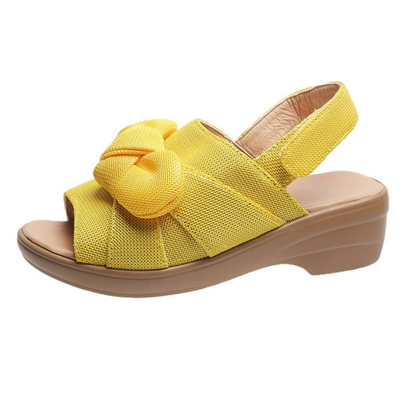 Womens Espadrilles Wedge Sandals, Bow Tie Thick Soled Open Toe Shoes, Beach Open-Toe Anti-Slip Sandals, Leisure Summer Shoes, Ankle Strap Sandals Yellow 5.5