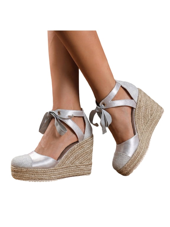Womens Espadrilles Wedge Sandals Lightweight Platform Closed Toe Ankle Strap Lace Up Summer Dress Shoes Silver Size 6.5