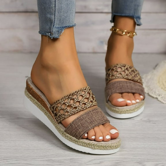 Womens Espadrilles Wedge Sandals Platform Open Toe Slip on Sandals Wedges Slides Bohemia Sandals Summer Beach Shoes for Women Brown Women Sandal