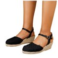 thumbnail image 1 of Womens Espadrilles Woven Closed Toe Wedge Sandals Classic Summer Cork Wedges Heels with Ankle Strap Thick Sole Dressy Beach Shoes Black Size 8.5, 1 of 8