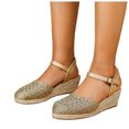 thumbnail image 1 of Womens Espadrilles Woven Closed Toe Wedge Sandals Classic Summer Cork Wedges Heels with Ankle Strap Thick Sole Dressy Beach Shoes Gold Size 7, 1 of 8