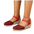 thumbnail image 1 of Womens Espadrilles Woven Closed Toe Wedge Sandals Classic Summer Cork Wedges Heels with Ankle Strap Thick Sole Dressy Beach Shoes Red Size 6.5, 1 of 8